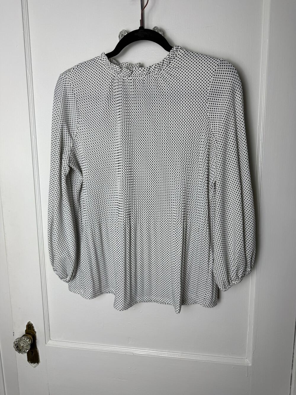 Adrianna Papell Black White Ruffle Neck Polka Dot Puff Sleeve Blouse Women's SM